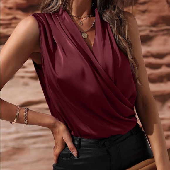 Luxe Satin Classic Ruched Overlap Sleeveless Office Work Top Blouse Shirt GREEN - Picture 14 of 16